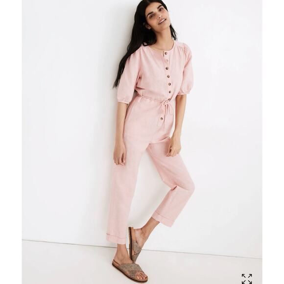 NWT Madewell Linen-Blend Puff Sleeve Wide-Leg Jumpsuit SZ S Minimalist Coveralls - Picture 1 of 12
